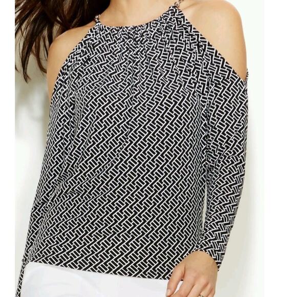 Michael Kors Black White Heri-Print Silver Chain Cold Shoulder Top Blouse Size M - Picture 1 of 8